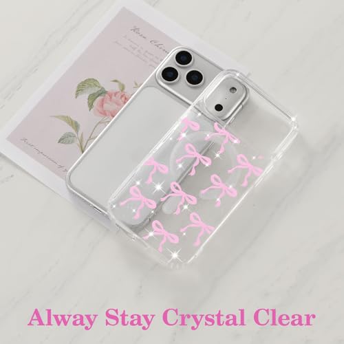 UEEBAI Magnetic for iPhone 17 Pro Max, Glitter Bow Case Compatible with MagSafe, Wireless Slim Sparkly Clear Aesthetic Phone Cover Anti-Yellowing Protective Cover for Women Girl - Pink by UEEBAI - Used condition - Image 3