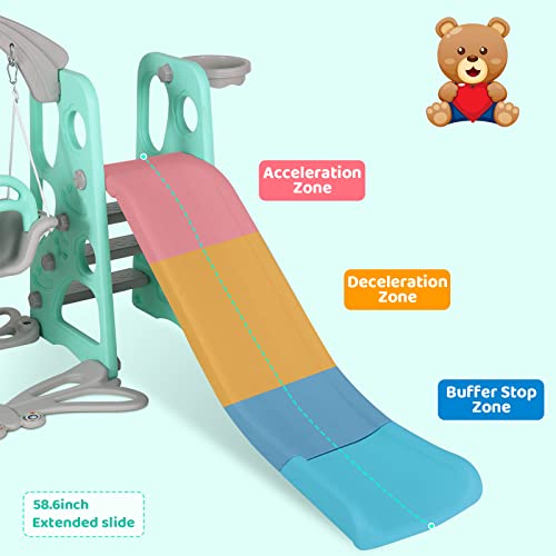 Arlopu Toddler Slide and Swing Set, 4 in 1 Kids Play Climber Slide Playset w/Ball Hoop Extra Long Slide Extra Ball, Baby Swing for Indoor Outdoor Playground, Easy Set-Up, 3 Years Old (Cool Summer)