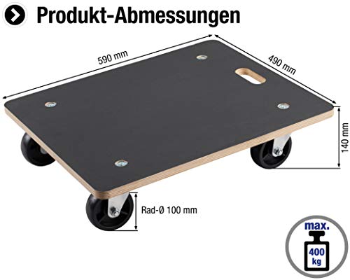 Metafranc Transportroller 590 x 490 mm - 400 kg Tragkraft - Siebdruckplatte - PA-Räder / Möbelroller / Transporthilfe für Umzug / Rollwagen für Möbel-Transport / Kistenroller aus Holz / 822020
