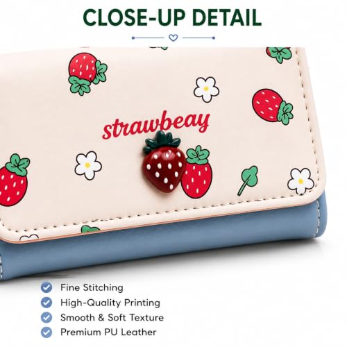 Image of Valerie Wallets for Women Leather Cute RFID Blocking Small Bifold Wallet with Zipper Coin Purse for Girls and Ladies Women's Wallet (Strawberry Blue)