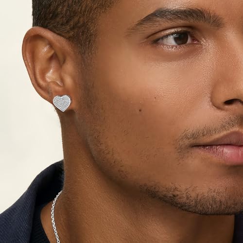 Silver Stud Earrings for Men with Heart Shaped White Gold Plated Earrings Hypoallergenic Cubic Zirconia Earring Studs Fashion Mens Jewelry Gift