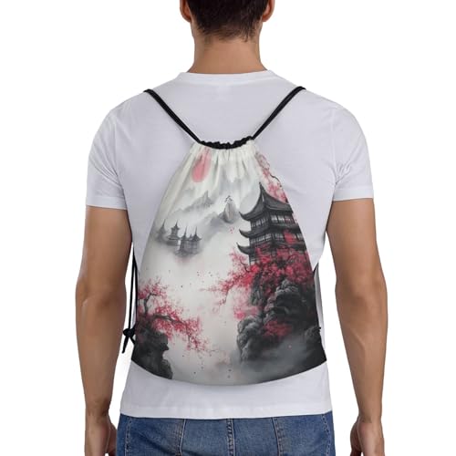 Japanese Tower Pattern Drawstring Backpack Bag - Sports Gym Sack For Women Men2