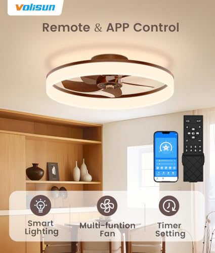 Image of VOLISUN Low Profile Ceiling Fans with Lights and Remote, 20in Fandelier Ceiling Fan Flush Mount, 3000K-6500K Smart Bladeless LED Fan Light, Farmhouse Ceiling Fans with Lights for Bedroom(Wood)