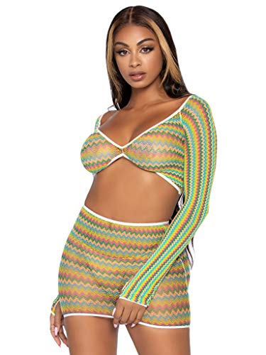 Image of Leg Avenue womens 2 Pc Zig Zag Net Gauntlet Sleeve Crop Top and Mini Skirt Set