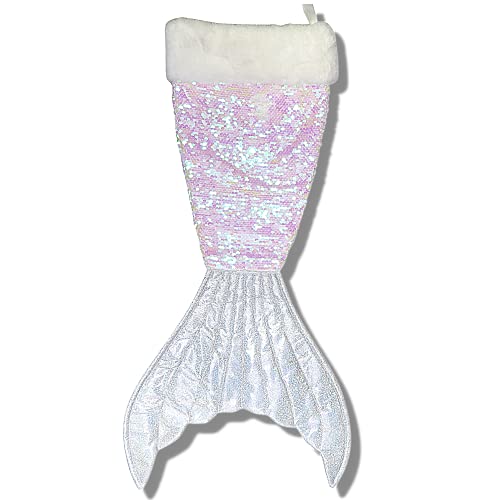 Needzo White Reversible Sequin Mermaid Tail Coastal Christmas Stocking, Shimmering Sequined Holiday Stockings with Faux Fur at Top for Girls and Boys, 24.75 Inches