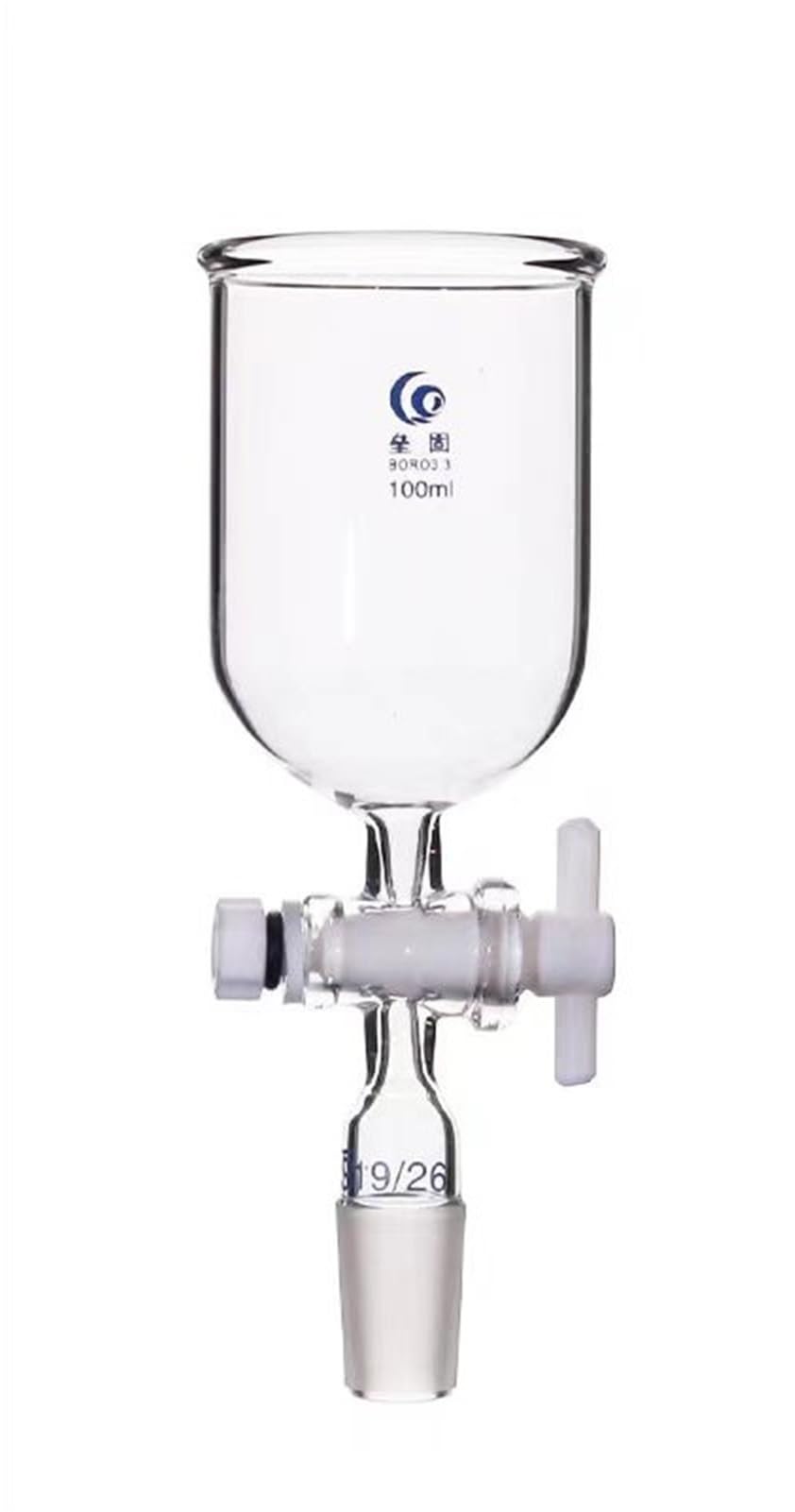 1 x transparenter zylindrischer Glas-Futtertrichter mit PTFE-Kolben, 19#24#, mattiertes Standardgelenk für Laborunterrichtswerkzeuge (200 mm Gelenk Nr. 24)