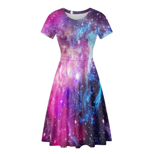 Image of Forchrinse Galaxy Purple Nebula Universal Dress for Women Novelty Galaxy Summer Dress Short Sleeve Sexy Dress Midi Tank Dress Elegant Flowy Swing Sundress,S-4XL, X-Large