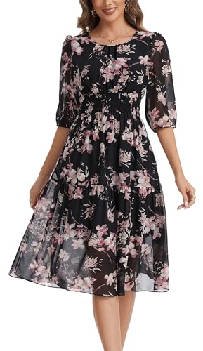 Image of Kormei Women Casual Boho Floral Round Neck 3 /4 Sleeve Smocked Waist Tiered A Line Flowy Swing Midi Dress Long Dresses