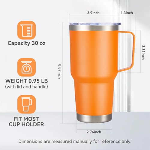 Image of 30 oz Stainless Steel Tumblers Bulk with Handle and Lid, 4 Pack | Powder Coated, Double Wall Vacuum Insulated, Leak Proof Lid, Keep Drinks Cold and Hot, for office, party, camping, Orange