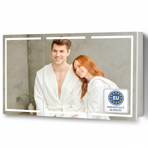 HAPA Design Milano Spiegelschrank Bad 120 cm, LED-Beleuchtung, Steckdose, Unterputz geeignet, EU-Fertigung, einfache Montage, Schwarze Scharniere