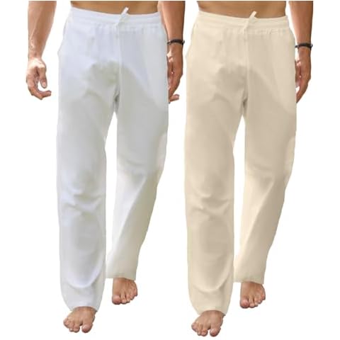 RPOVIG Men's Linen Pants 2 Piece Casual Beach Yoga Wedding Suit Pajama Dress Pant Loose Fit Summer Clothes Cover