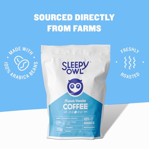 Image of Sleepy Owl French Vanilla Ground Coffee for Pour Over | 100% Arabica | Medium Roast | Medium Grind Coffee for Aeropress, Homemachine | 250g | Sourced From Chikmagalur