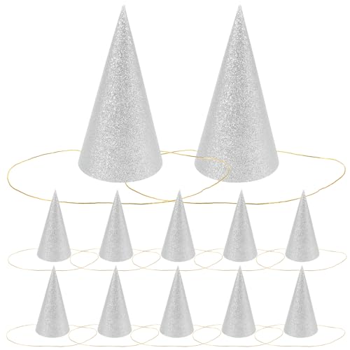 Zerodeko 12 Cappellini da Festa a Cono Glitterato, Cappellini Triangolari per Compleanno per Bambini E Adulti, Decorazioni per Feste (argento)