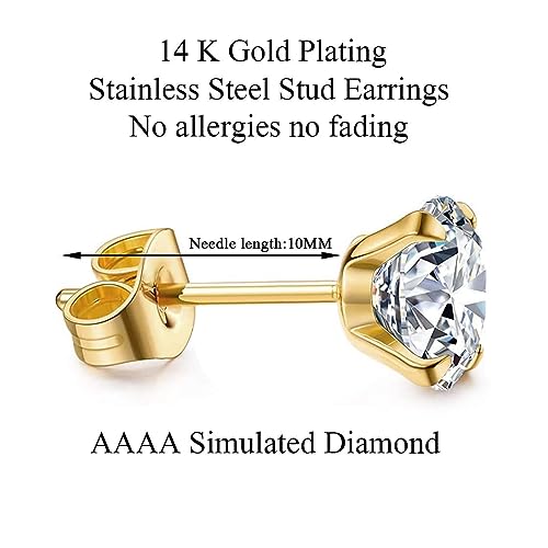 Kainier 5 Pairs CZ Stud Earrings Set for Women Men, 316L Stainless Steel Hypoallergenic Earrings for Sensitive Ears, 14K Gold Plated Silver Tone Jewelry, Cubic Zirconia Diamond Flatback Studs 3-7mm4