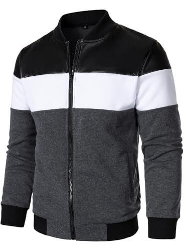 FANARCHER Mens Lightweight Bomber Jacket Casual Zipper Coat Color Block with Faux Leather Varsity Jacket3
