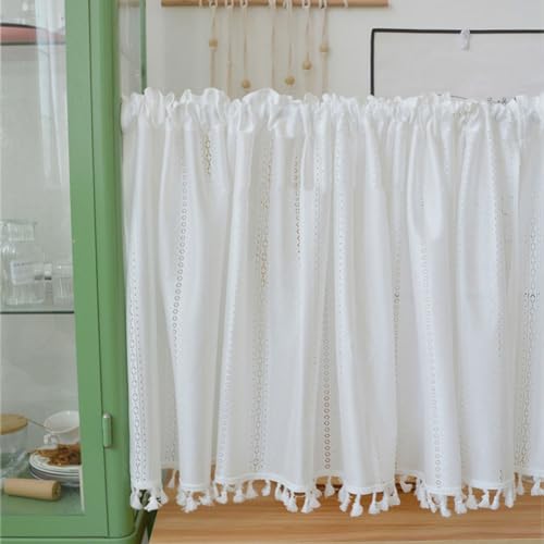Cenefa de cortina para salón blanca con bordado de flores francesas y borlas 3