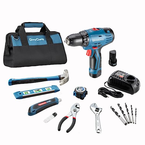 DongCheng 12V Max Akku-Bohrschrauber 30N.m,16+1,10m’m Schnellspannbohrfutter Bohrschrauber-Set (0-500/0-1500) mit 17-teiligem Handwerkzeugsatz für Heimwerkerprojekte,40 mins Schnellladegerät., 39.98