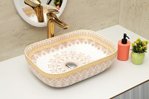 Image of Moroccan Design Ceramic Tabletop Wash Basin | Countertop Vessel Sink | Wash Basin over counter For Bathroom Hotel Home (18x13x5.5 Inch) (TORO 4014) (Moroccan Design 105)