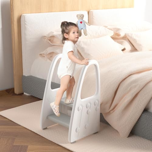 Image of Toddler Step Stool for Bathroom Sink, Kids Two Step Stool for Toilet Potty Training and Kitchen Counter, Children Step Up Learning Helper Tower with Safety Handles and Non-Slip Pads,Gray