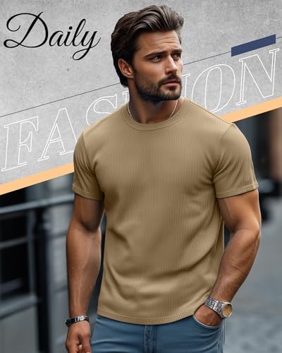 4 Pack Men's Big and Tall T Shirts Short Sleeve Crewneck Ribbed Knit Tops Basic Slim Fit Muscle Tee Shirts4
