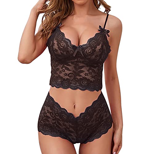 Yutdeng Conjunto Lencería Mujer Sexy Ropa Interior Cuello V Encaje Dormir Lencería 2pcs Conjunto de Sujetador y Bragas Cintura Alta Malla Babydoll Ajustable Cozy Cover