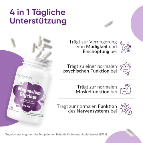 Magnesiumglycinat 350mg elementares Magnesium – Vorrat für 4 Monate – Magnesiumbisglycinat – 120 vegane Kapseln - Ambrosial