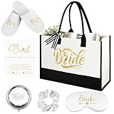 Hestya 6 Pcs Bride to Be Gifts Include Cosmetic Tote Bag, Bride Slippers, String Bracelet with Card, Makeup Mirror, White Scrunchie, Silk Eye Mask Wedding Engagement Party Travel Bridal Shower Gifts