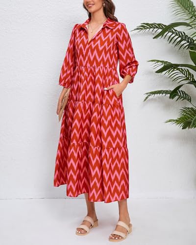 Image of YEXPINE Women Maxi Dresses 3 /4 Sleeve Button Down Print Ruffle Tired Casual Office Dress