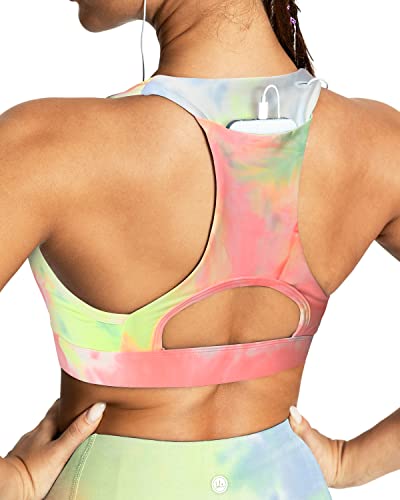 QUEENIEKE Women's Medium Support Back Pocket Energy Sport Bra Cotton Feel Size M Color Pink & Yellow Tie-dye - Image 4