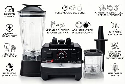 Image of 2000W Commercial Heavy Duty Mixer Blender Grinder | 15 Speed Control | 2L + 0.5L BPA-Free Jars | Pure Copper Motor | Ice, Meat & Masala Grinding | Pulse Mode | 6 Stainless Steel Blades