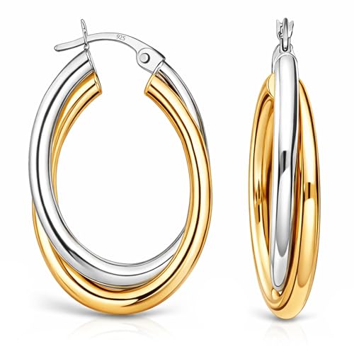 Image of TRUESILVER ACPL 925 Sterling Silver Hoop Earrings for Women | BIS Hallmarked Two-Tone & Three-Tone Intertwined Hoop Earrings | Oval & Round Lightweight Jewelry