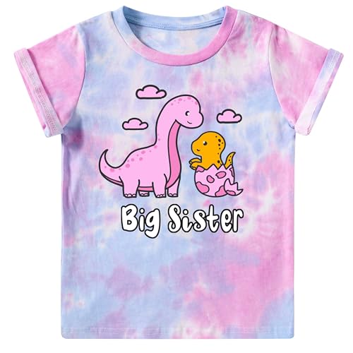 Image of Funnycokid Big Sister Shirts for Girls 3T 2T Toddler Short Sleeve Pink Tee Pregnancy Announcement Toddler Dinosaur Tie-Dye 2-3 Years