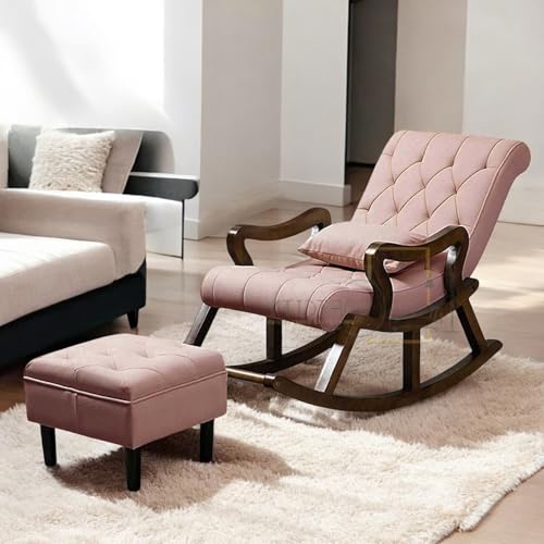 Image of CRAFTCITY Sheesham Wood Elegant Chair with Pillow and Matching Foot Stool /Living Room Chair /Rose Wood Rocking Chair,Pre-Assembled (Pink, Rocking Chair with Ottoman)