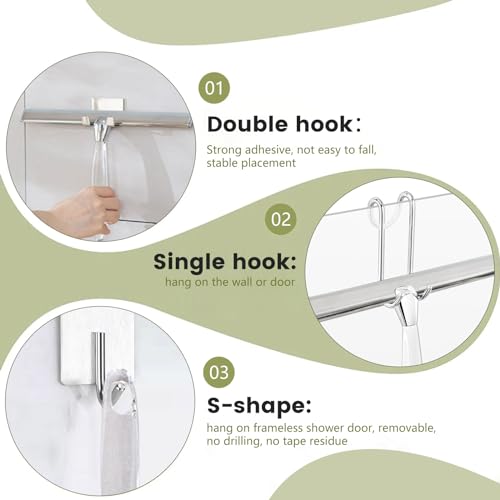 Image of All-Purpose Shower Squeegee for Shower Glass Door with 3 Hooks, Stainless Steel & Acrylic Bathroom Cleaner Tool Household Window Mirror Squeegee for Glass Doors, Cleaning Tile Wall, Car, 12 Inch