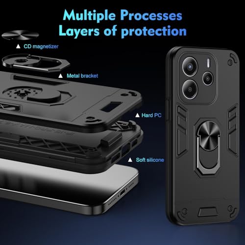 Image of ShieldTech Back Cover for Redmi Note 14 5G | Rugged Armor Case with Ring Stand | 360 Protection | Shockproof | Camera & Screen Guard for Redmi Note 14 5G (PC, Black)