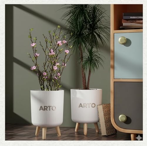 Image of Arto Ribbed Planter Pot Set with Wooden Legs - White Indoor Plant Stand | Set of 2 Modern Mid‑Century Planter Pots for Home Decor | Elevated Plant Stands for Living Room, Balcony