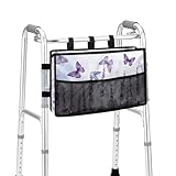Jnoscergon Butterfly Bag for Walker, Water Resistant Walker Basket with Cup Holder, Multi Purpose Walkers Pouch for Elderly Seniors, Flowers