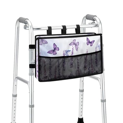 Jnoscergon Butterfly Bag for Walker, Water Resistant Walker Basket with Cup Holder, Multi Purpose Walkers Pouch for Elderly Seniors, Flowers