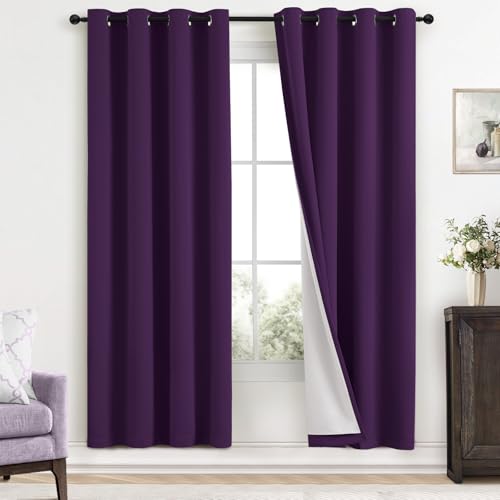 Yakamok Room Darkening 100% Blackout Curtains Grommet Window Treatments with 2 Thick Layers-Purple Thermal Insulated Drapes Set of 2 Panels for Bedroom Living Room 52 Inches by 72 Inches Length