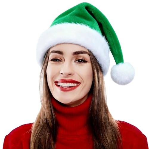 LKQBBSZ Santa Hat for Women Adults Unisex Velvet Comfort Xmas Hat Extra Plush for Christmas New Year Festive Holiday Party (Green)