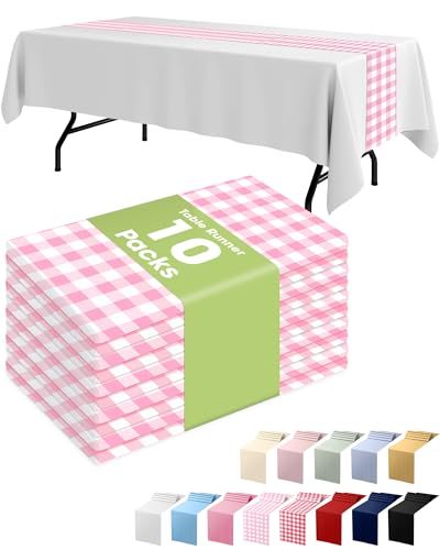 Pureegg Gingham Plastic Table Runners - 10 Pack, 14'' x 108'', Water Resistant & Disposable Plaid Centerpiece Decorations for Table Cloth, Birthday, Holiday, Party, Pink and White Checkered Home Decor