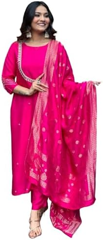 GoSriKi Women's Silk Blend Straight Embroidered Kurta with Pant & Dupatta