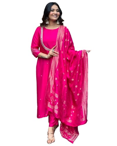 GoSriKi Women's Silk Blend Straight Embroidered Kurta with Pant & Dupatta