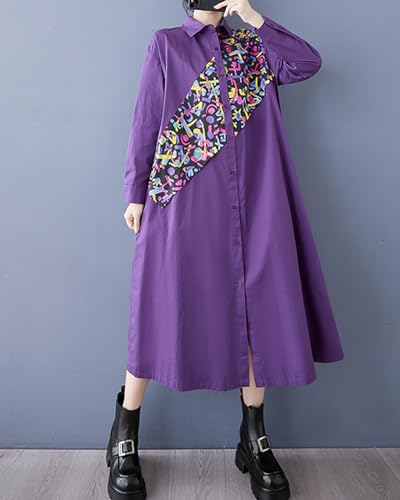 Image of ellazhu Womens Fall Casual Patchwork Funky Long Sleeve Designer Dress Loose Blouse GY2787 A