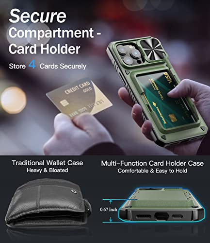 Image of Vihibii for iPhone 14 Pro Max Wallet Cover with Card Holder (Storage 4 Cards), Slide Camera Cover & Kickstand, [Military Grade Drop Protection] Phone Case for i14 Pro Max 6.7 inch (2022), Green