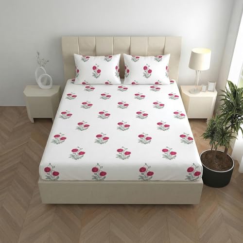 Image of LINENWALAS 100% Cotton 210 TC Double Fitted Sheet with Pillow Cover | 360 Elastic Bedsheet with 14 inch Deep Pocket - Soft Breathable Bedding (72x72 inch, Ruby Flora)