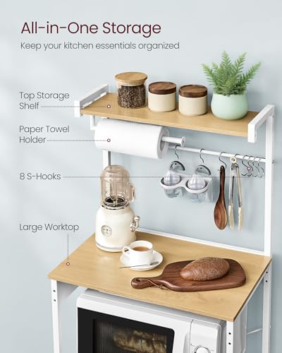 Image of VASAGLE BARNET Collection - Kitchen Bakers Rack with Power Outlet, 23.6-Inch Wide Coffee Bar 4-Tier with 8 S Hooks, Modern Microwave Stand, Adjustable Shelf, Golden Oak and Cloud White UKKS014Y01V1
