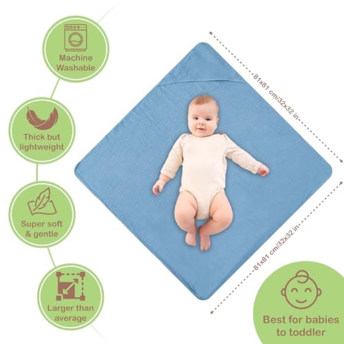Image of 100% Organic Cotton Muslin Baby Hooded Towel, 32x32 in, Deep Blue & Aquarius, 2 Pack, Soft Absorbent 4-Layer Hooded Bath Towel for Newborns, Infants,Toddlers, Boys,Girls, Oeko-TEX