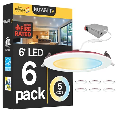 NUWATT 2 Hour Fire Rated Recessed Lighting 6 Inch Wafer LED Lights 2700K/3000K/3500K/4000K/5000K Selectable Dimmable 1200LM 15W Wet & IC Rated 90 CRI Canless Light No Tenmat Needed ETL 6 Pack