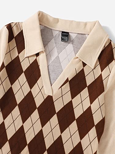 Floerns Women's Argyle Print Long Sleeve V Neck Collared Bodycon Mini Dress Beige M #TOP2